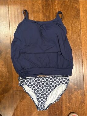 Lands End- Navy Blouson Tankini Set with Patterned Navy & White Bottoms